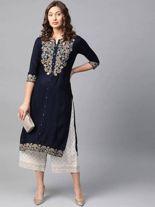 Indian Clothing Anubhutee Navy Blue Paisley Floral Embroidery Kurta Set - Swadesiicart