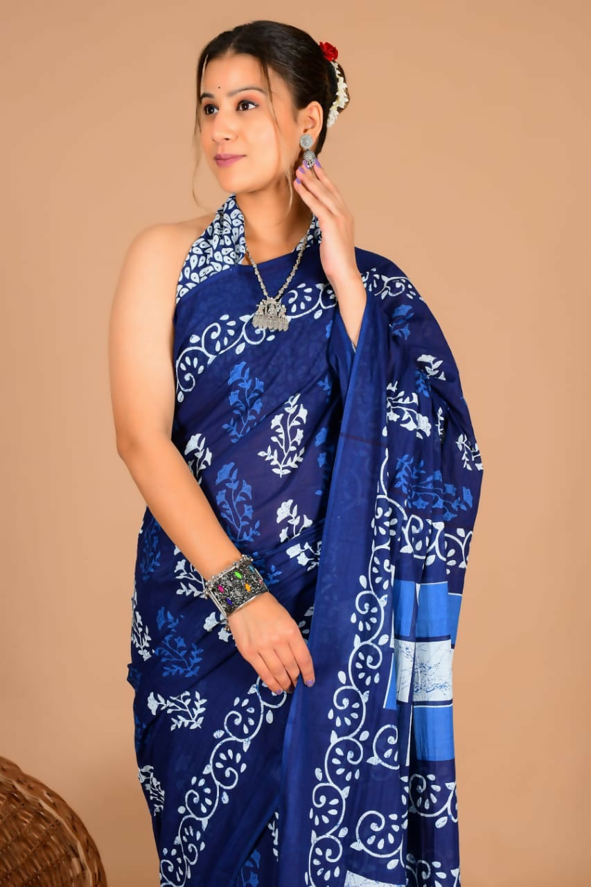 Exclusive Collection Blue Beautiful Mulmul Cotton Saree - Swadesiicart