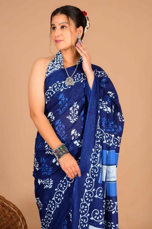 Exclusive Collection Blue Beautiful Mulmul Cotton Saree - Swadesiicart