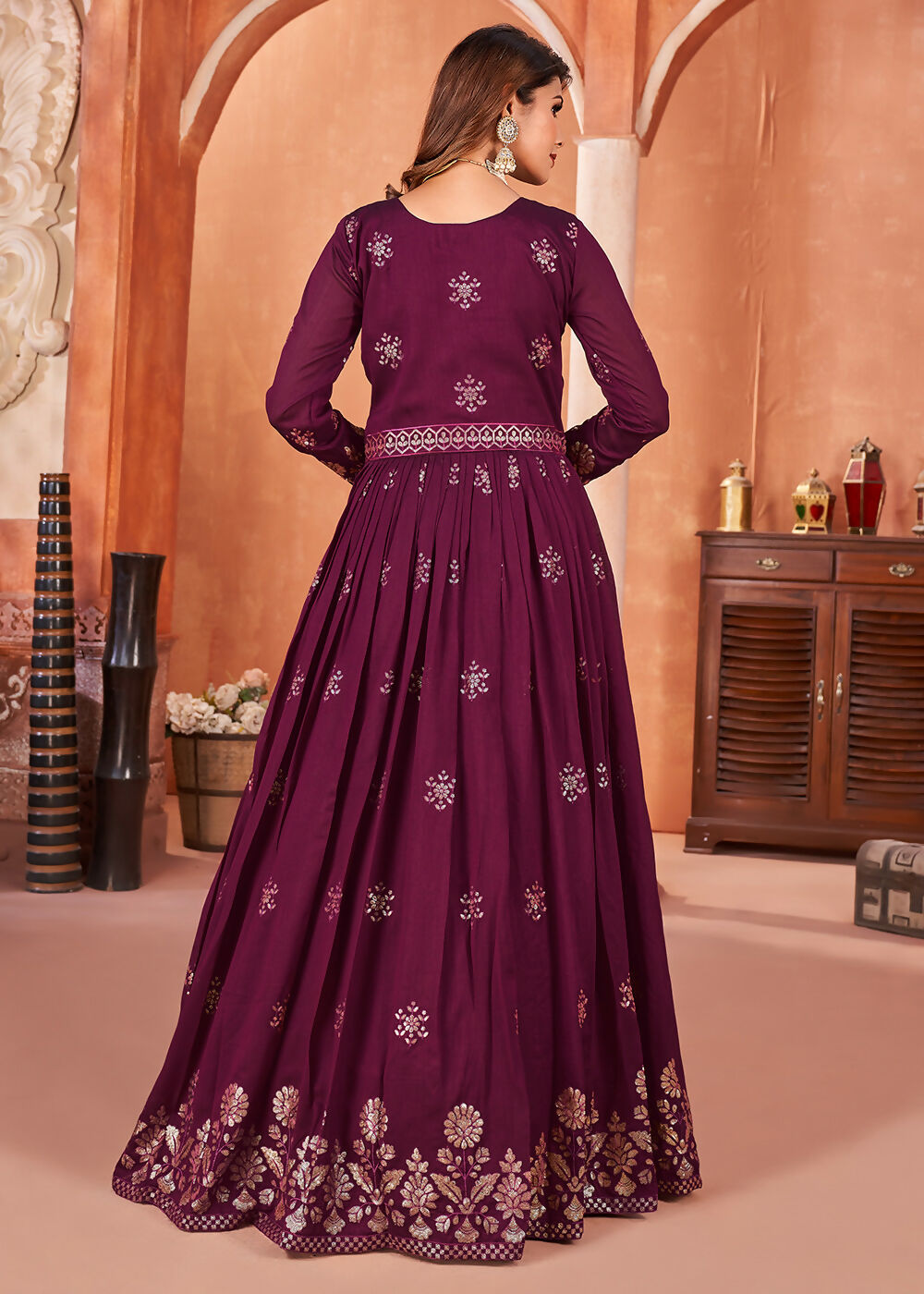 Wine Purple Festive Embroidered Art Silk Anarkali Suit - Emponline | Swadesiicart