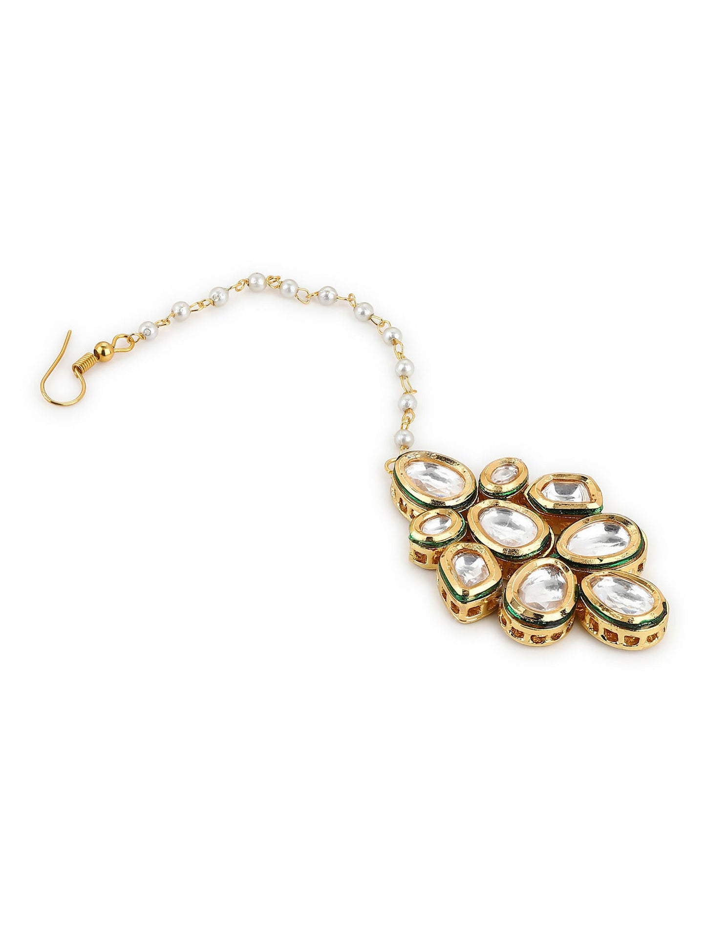 White Gold-Polished Kundan Studded Beaded Maang Tikka - Ruby Raang | Swadesiicart