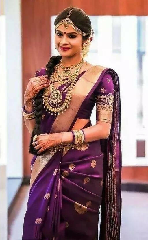 DEIANA'S Beautiful Designer Golden zari Soft Lichi Silk Saree - Purple - Swadesiicart