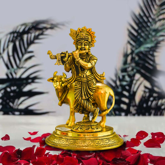 Gopala Krishna with Cow Brass Idol - Embrace Divine Abundance - Divine India Art