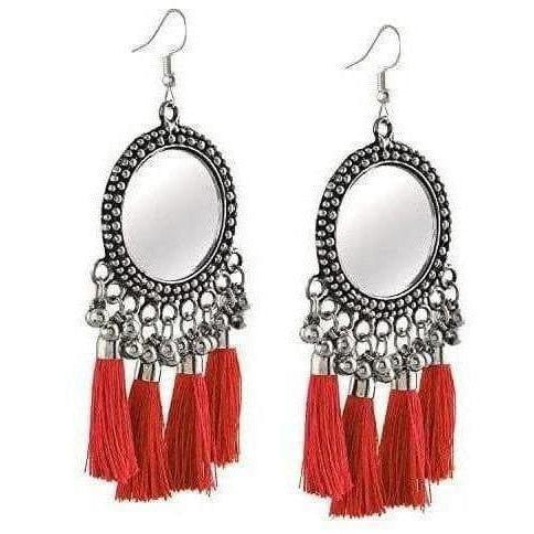 MS Fashion India Traditional And Occasional Red Color Silk Threads Mirror Fashion Design Earrings | Swadesiicart