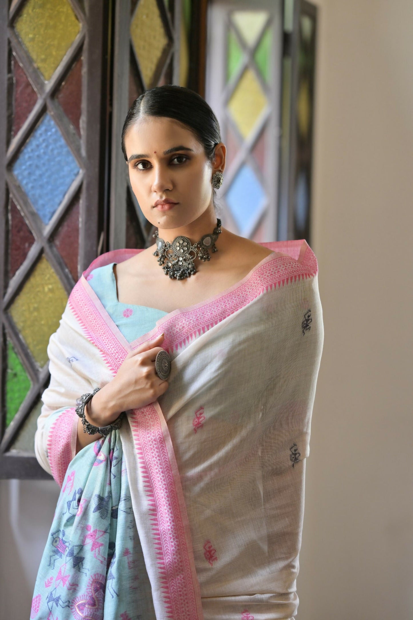 Vishnu Weaves Women's Pink Muga Cotton Saree with Blouse - Swadesiicart