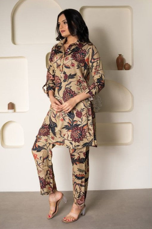NOZ2TOZ Women Floral Printed Knee Length V Neck Rayon Co-Ords Set - Beige - Swadesiicart