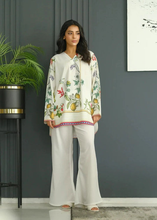 NOZ2TOZ Women's Printed V Neck Long Sleeves Co-Ords Set - White - Swadesiicart