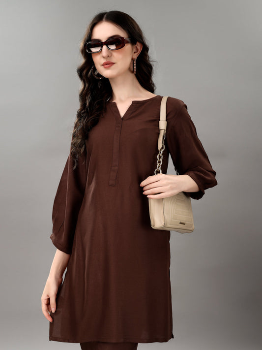 NOZ2TOZ Women's V Neck Knee Length 3/4 Sleeves Solid Rayon Co-Ords Set - Brown - Swadesiicart