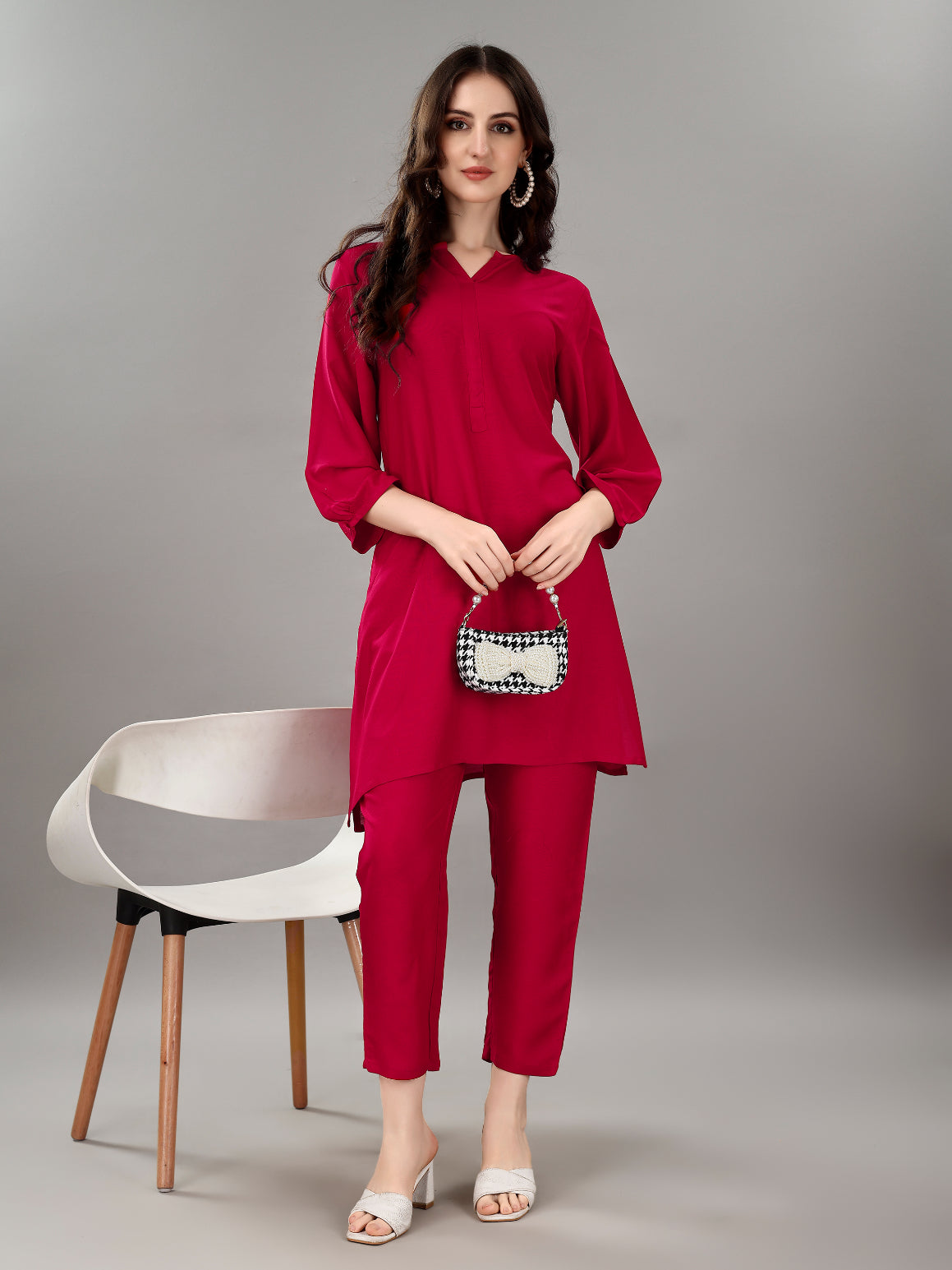 NOZ2TOZ Women's V Neck Knee Length 3/4 Sleeves Solid Rayon Co-Ords Set - Rani - Swadesiicart