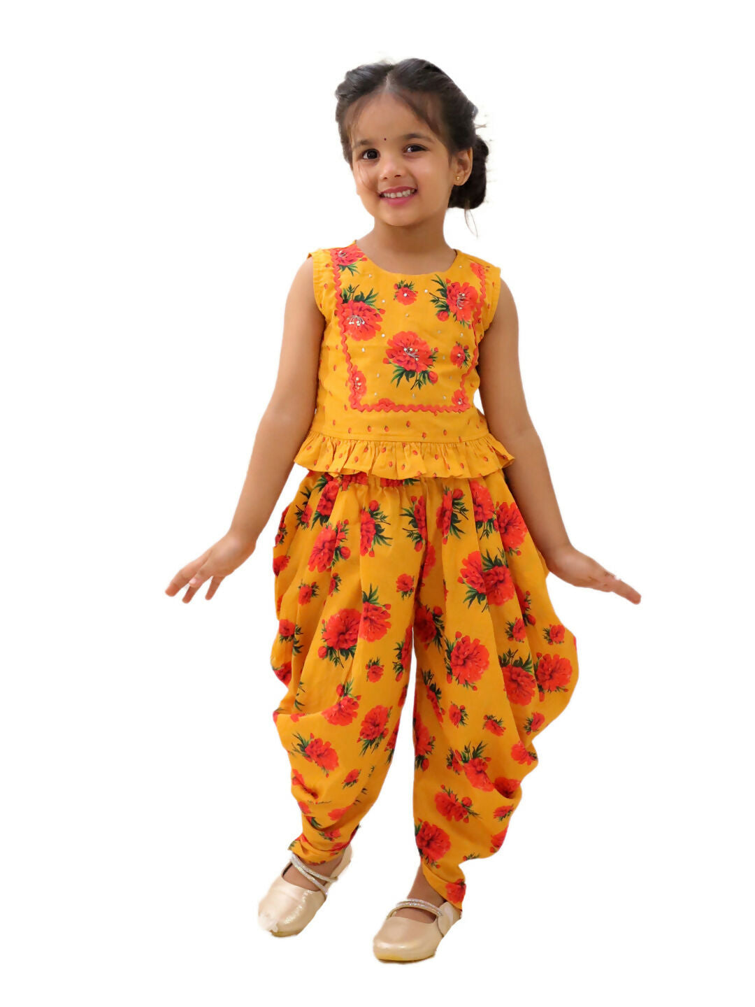 Lil Drama Genda Phool Mustard Crop Top and Dhoti Set For Girls | Swadesiicart