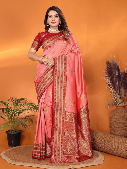 Joban Fashion Banarasi Peach Small Butti Soft Silk Saree | Swadesiicart