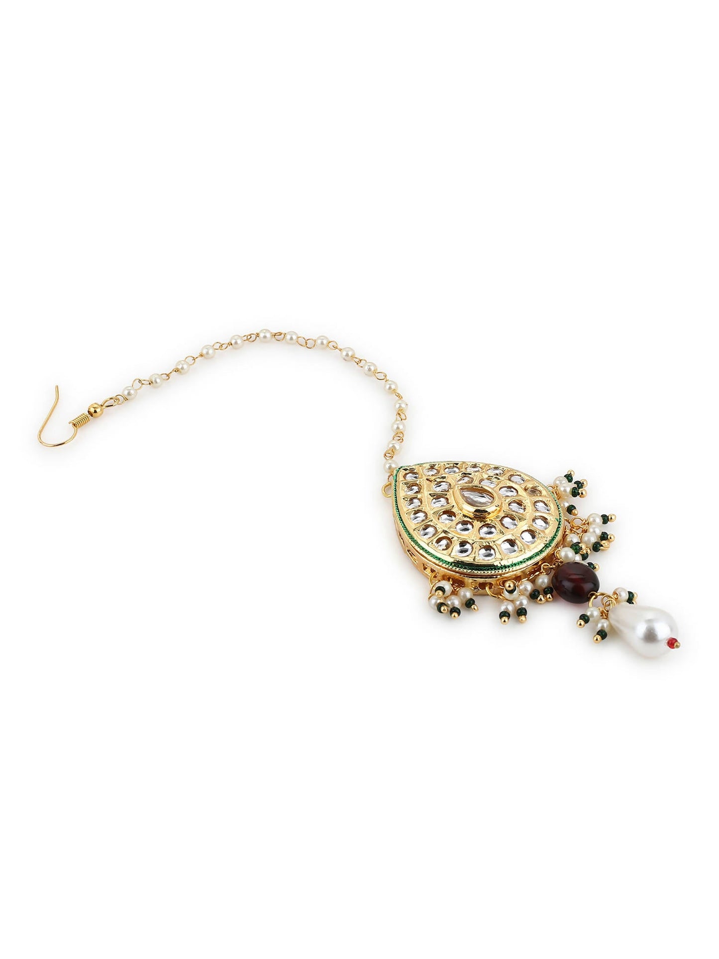 Gold-Polished White Green Kundan-Studded Pearl Beaded Maang Tikka - Ruby Raang | Swadesiicart
