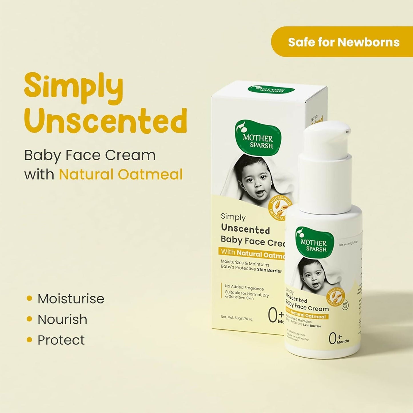 Mother Sparsh Simply Unscented Baby Face Cream with Oatmeal, for Sensitive Skin