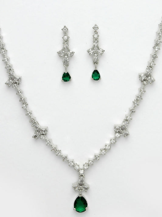 NVR Women's Silver-Plated Green American Diamond Studded Jewellery Set - Swadesiicart