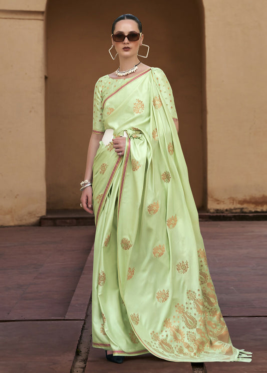 Sprout Green Pure Satin Zari Weaving Wedding Festive Saree - Emponline | Swadesiicart