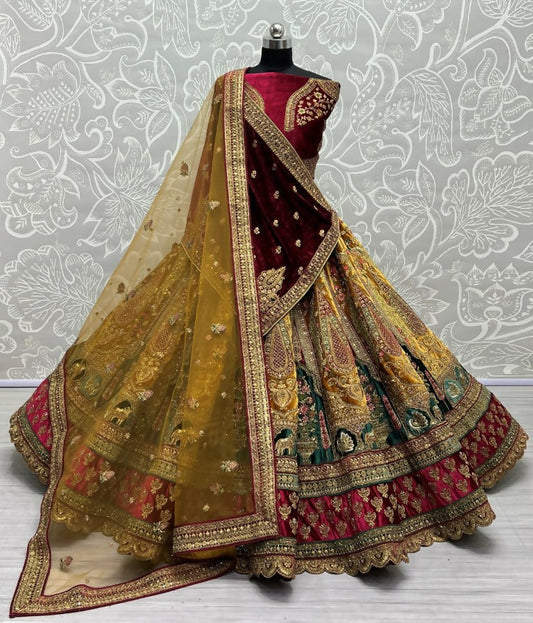 Jyoti Fashion Women's Mustard Velvet Multi Thread Embroidered, Patch Work with Zircon Diamond Wedding Lehenga Choli | Swadesiicart