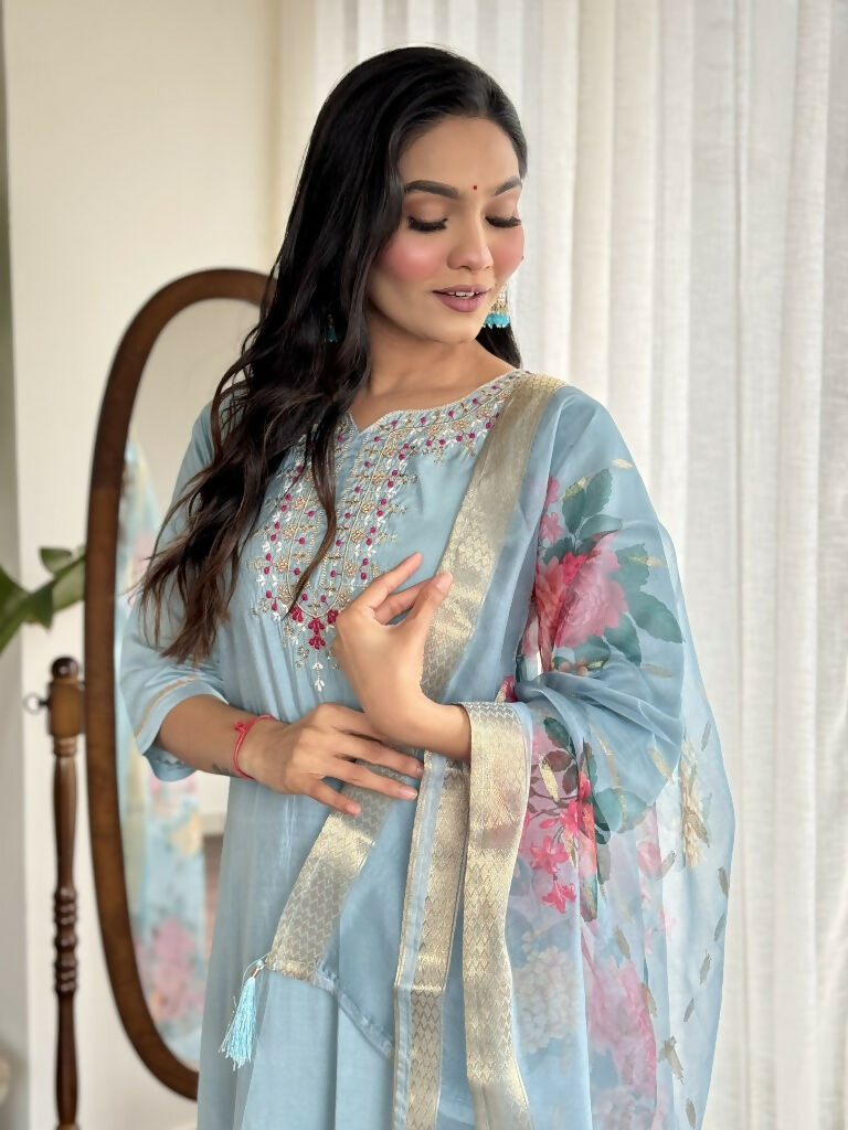 Lavender Viscose chanderi Stitched Suit With Dupatta - Tanisha | Swadesiicart