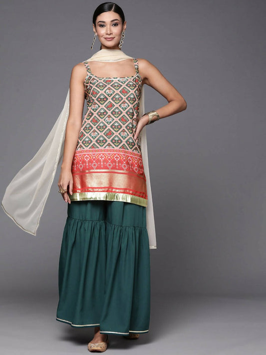 Ahalyaa Women Green & Red Ethnic Motifs Print Kurti with Sharara & Dupatta | Swadesiicart