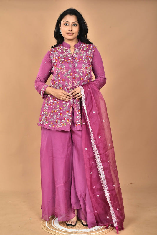 Morchari Women And Hand Embroidery Palazzo Set-Purple - Swadesiicart