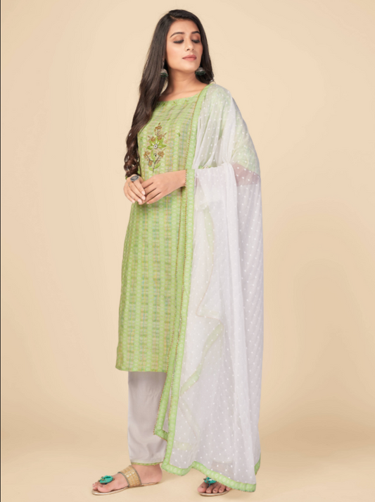 NOZ2TOZ Women's Printed & Hand Work Straight Cotton Parrot Green Kurta Pant With Dupatta (3Pcs Set) - Noz2Toz