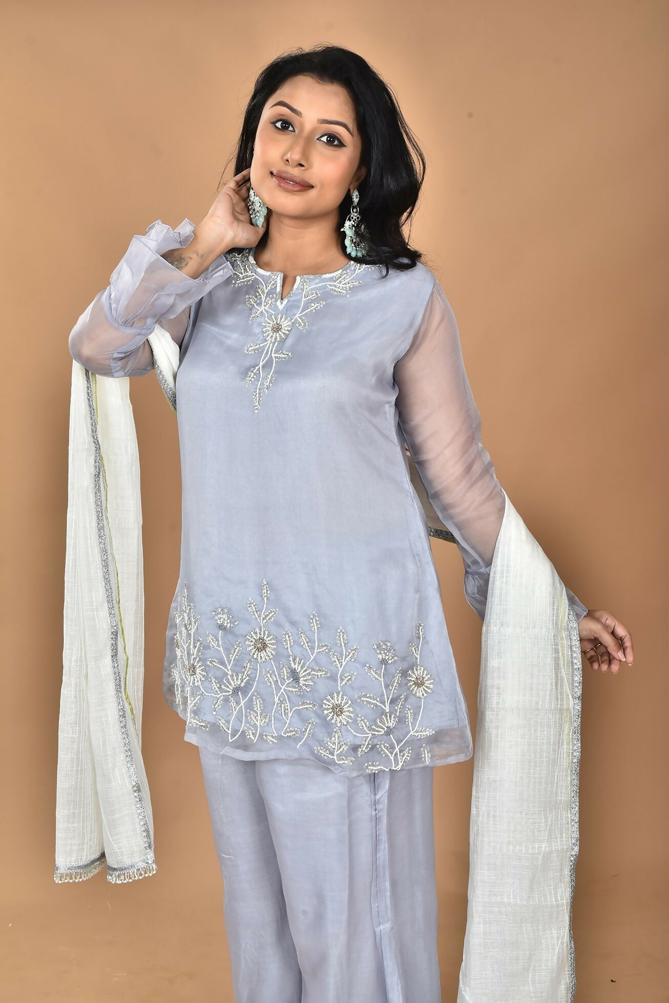 Morchari Women And Hand Embroidery Palazzo Set-Grey - Swadesiicart