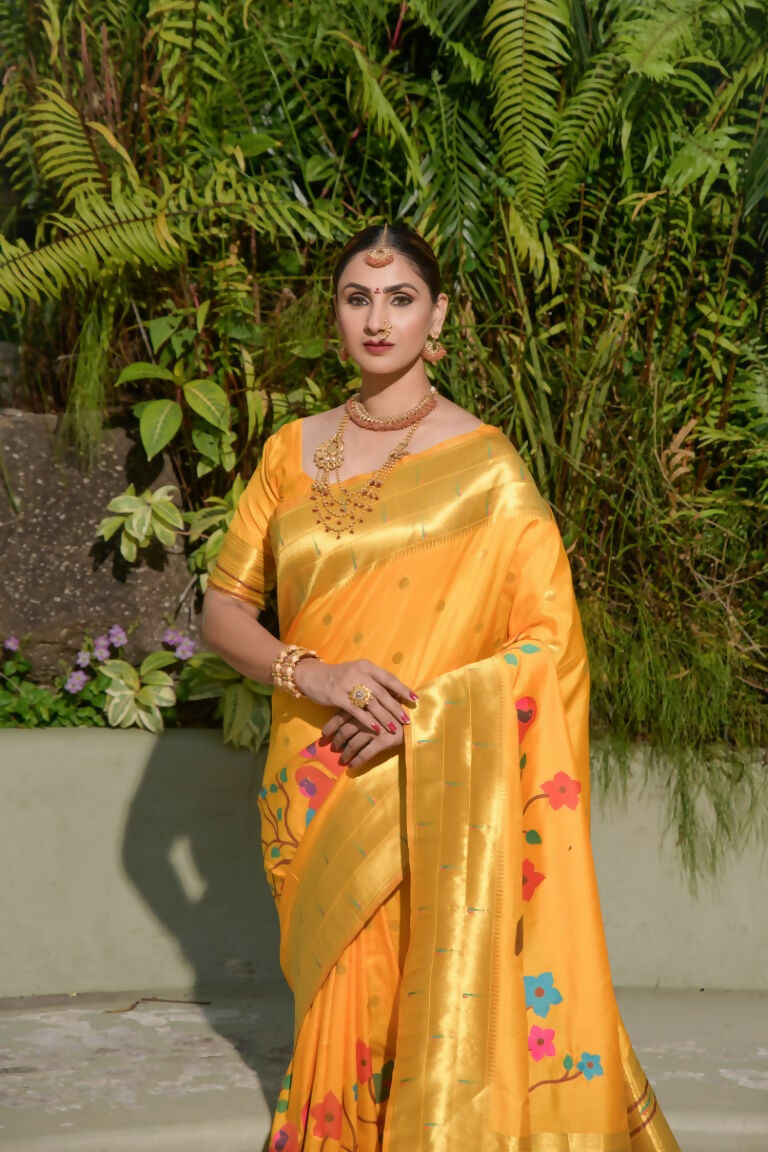Jyoti Fashion Women's Yellow Paithani Silk Zari Woven Saree with Blouse | Swadesiicart