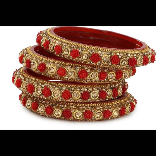 Afast Bridal Wedding & Party Fashionable Colorful Glass Bangle/Kada Set, Pack Of 4 - Red, Gold - Afast Enterprises