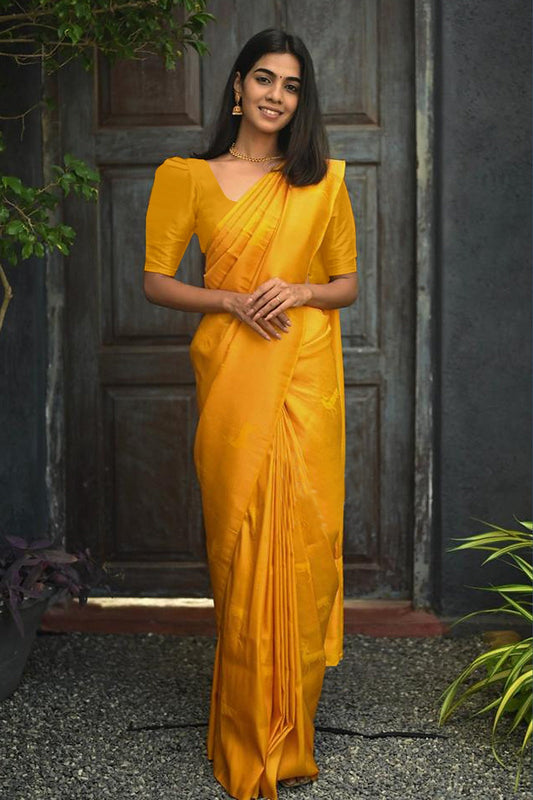 Vamika Weaving Banarasi Jacquard yellow Kanjivaram Saree | Swadesiicart