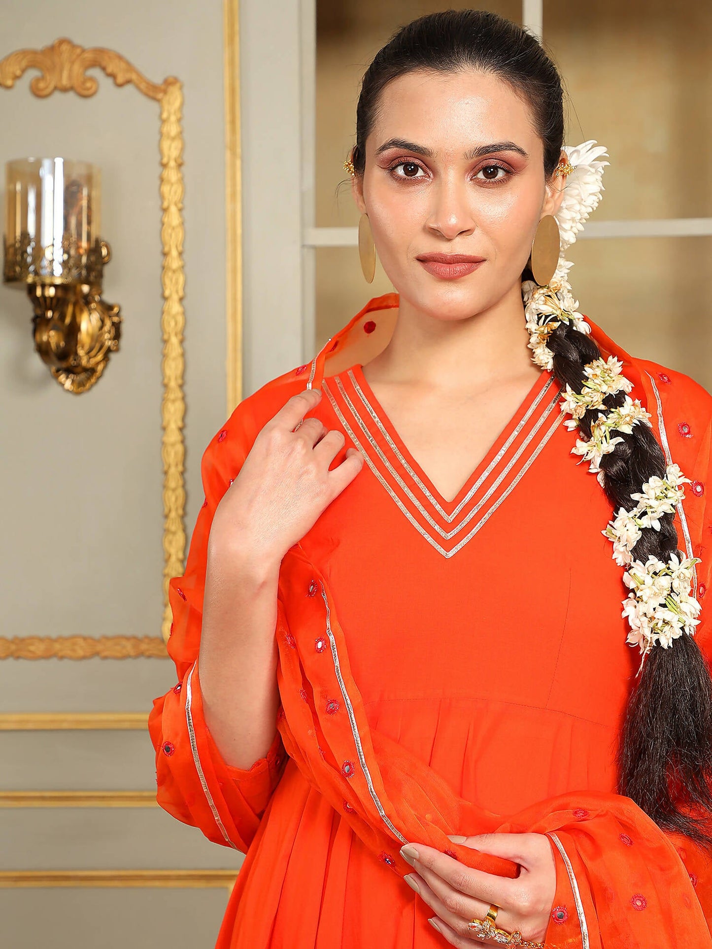 Pomcha Jaipur Orange Saadgi Orange Mirror Work Anarkali Set | Swadesiicart