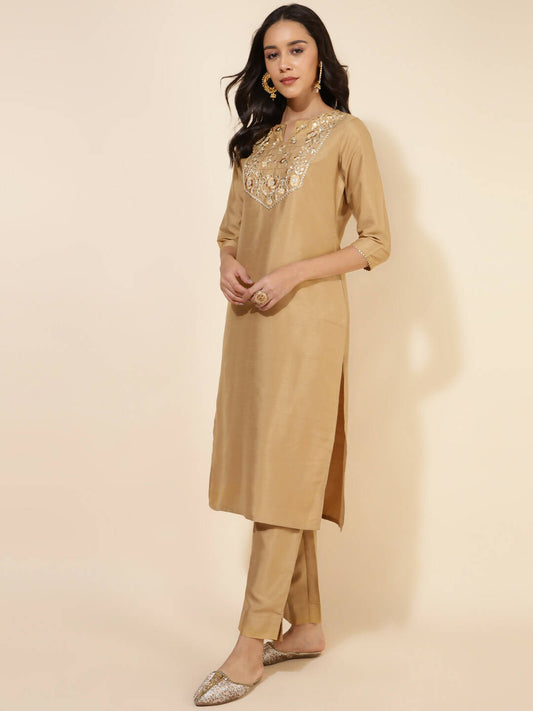 Janasya Women's Gold Crepe Silk Yoke Embroidery Festive Straight Kurta Set | Swadesiicart
