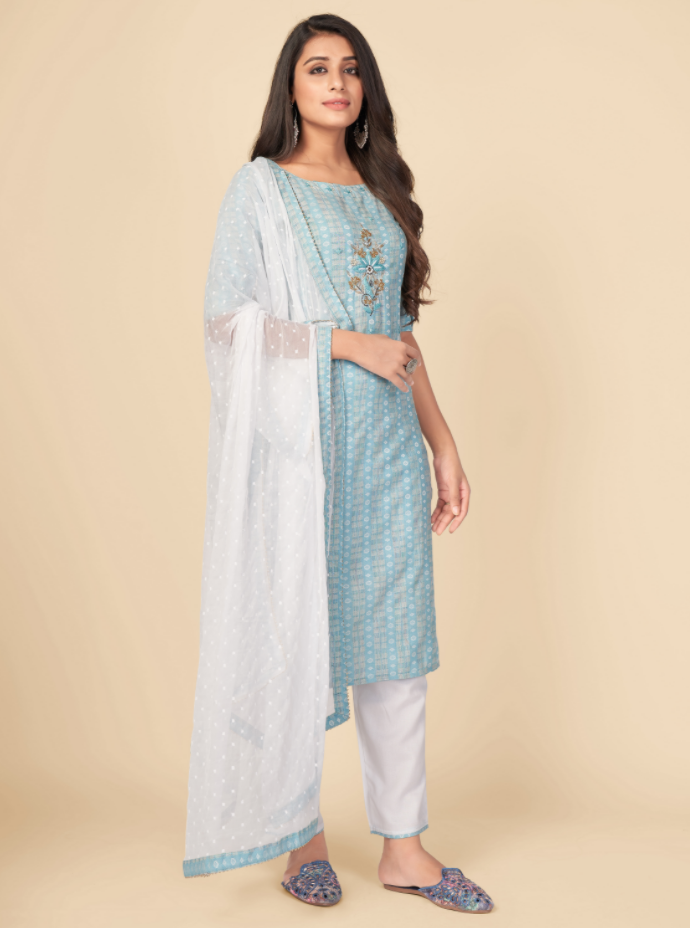 NOZ2TOZ Women's Printed & Hand Work Straight Cotton Sky Blue Kurta Pant With Dupatta (3Pcs Set) - Swadesiicart