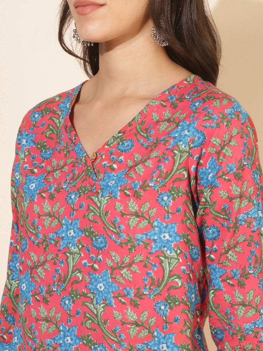 Janasya Women's Pink Cotton Floral Printed Casual Regular Co-ords - Swadesiicart