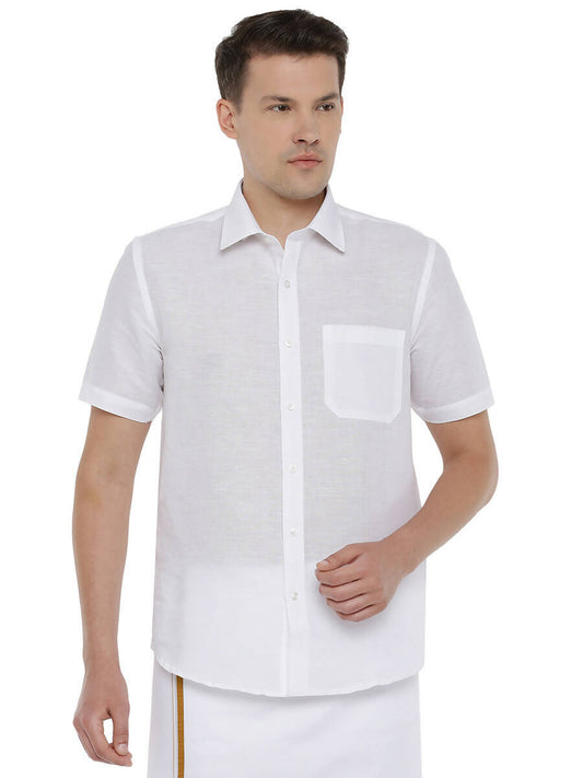 Ramraj Cotton Mens Cotton Linen Half Sleeve White Shirt | Swadesiicart