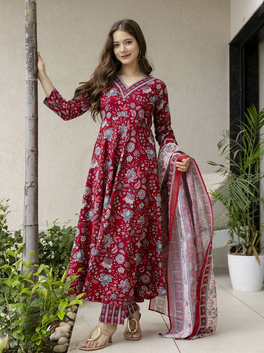The52 Maroon Women's Gorgeous Rayon Fabric Printed Work Flared Kurta, Pant and Dupatta Set - Swadesiicart