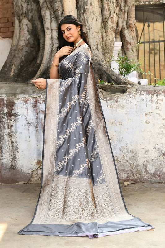 Joban Fashion Silver Grey Pure Katan Pure Handloom Banarasi Silk Saree | Swadesiicart
