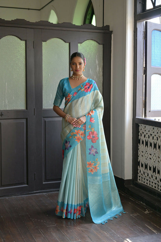 Vishnu Weaves Women's Firozi banarasi Silk Saree with Blouse - Swadesiicart