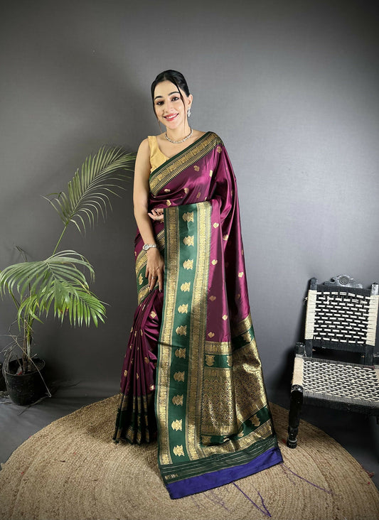 Joban Fashion Wine Banarasi Soft Silk Woven Butti Saree | Swadesiicart