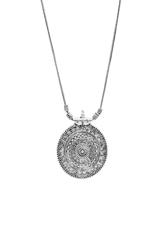 Mominos Fashion Johar Kamal Oxidised Silver-Plated Long Chain with Pendant & Studs For Women | Swadesiicart
