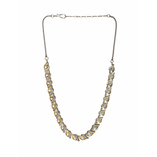 Leaf Shaped Neckpiece in Dual Tone Kundan and American Diamonds (Silver) - Ruby Raang | Swadesiicart