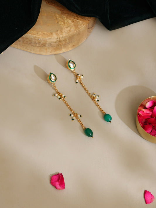 Ruby Raang Green Long Kundan Dangler Earrings | Swadesiicart