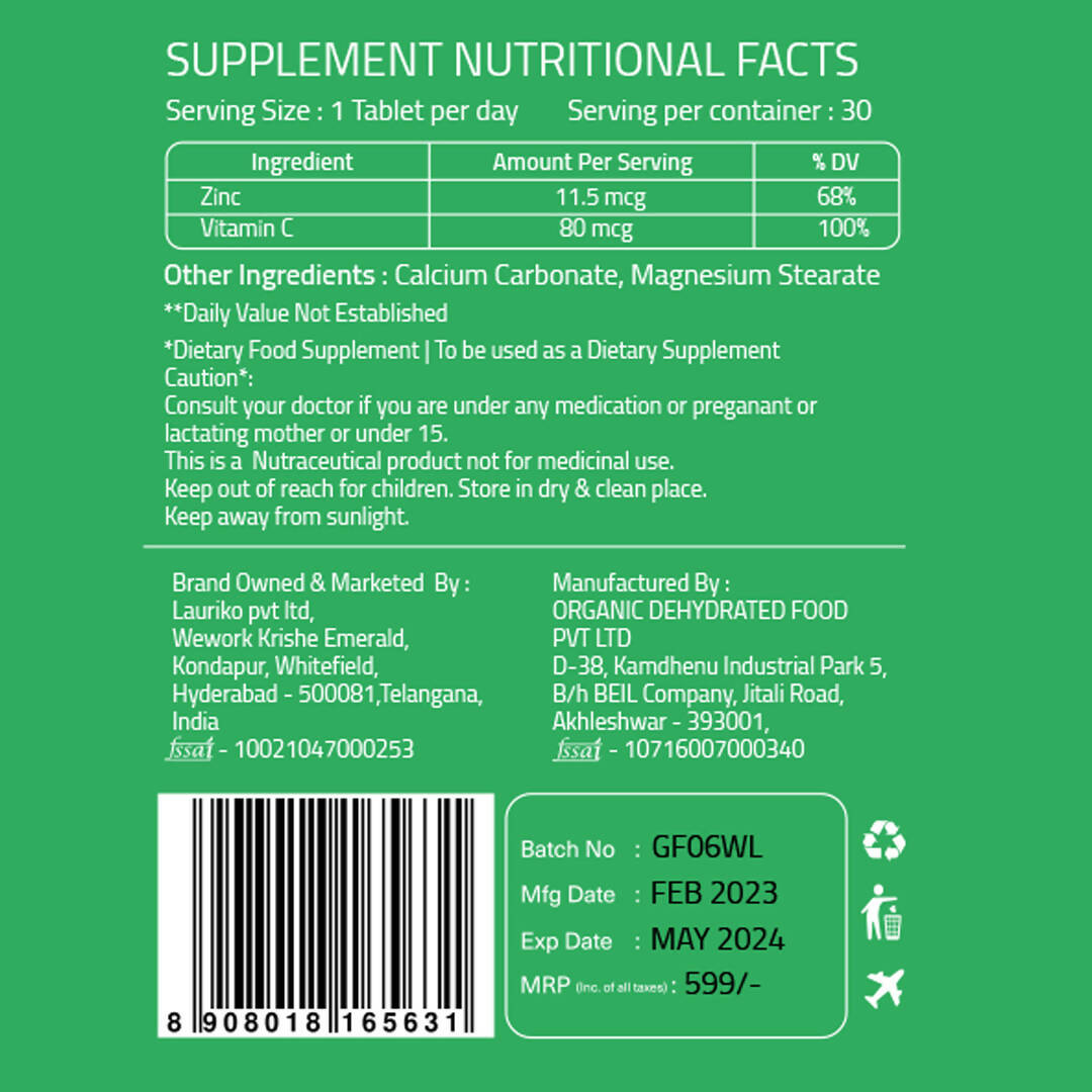 Laurik Plant Based Zinc And Vitamin C Tablets | Supplements Help Iron Absorption And Immune Support For Men And Women | Swadesiicart