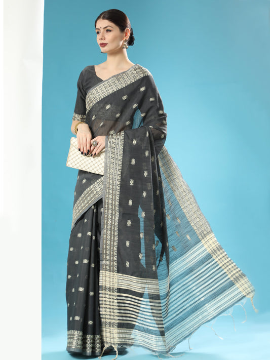 Vishnu Weaves Women's Black Lucknowi Cotton Chikankari Woven Saree with Blouse - Swadesiicart