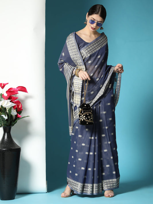 Vishnu Weaves Women's Navy Blue Lucknowi Cotton Chikankari Woven Saree with Blouse - Swadesiicart