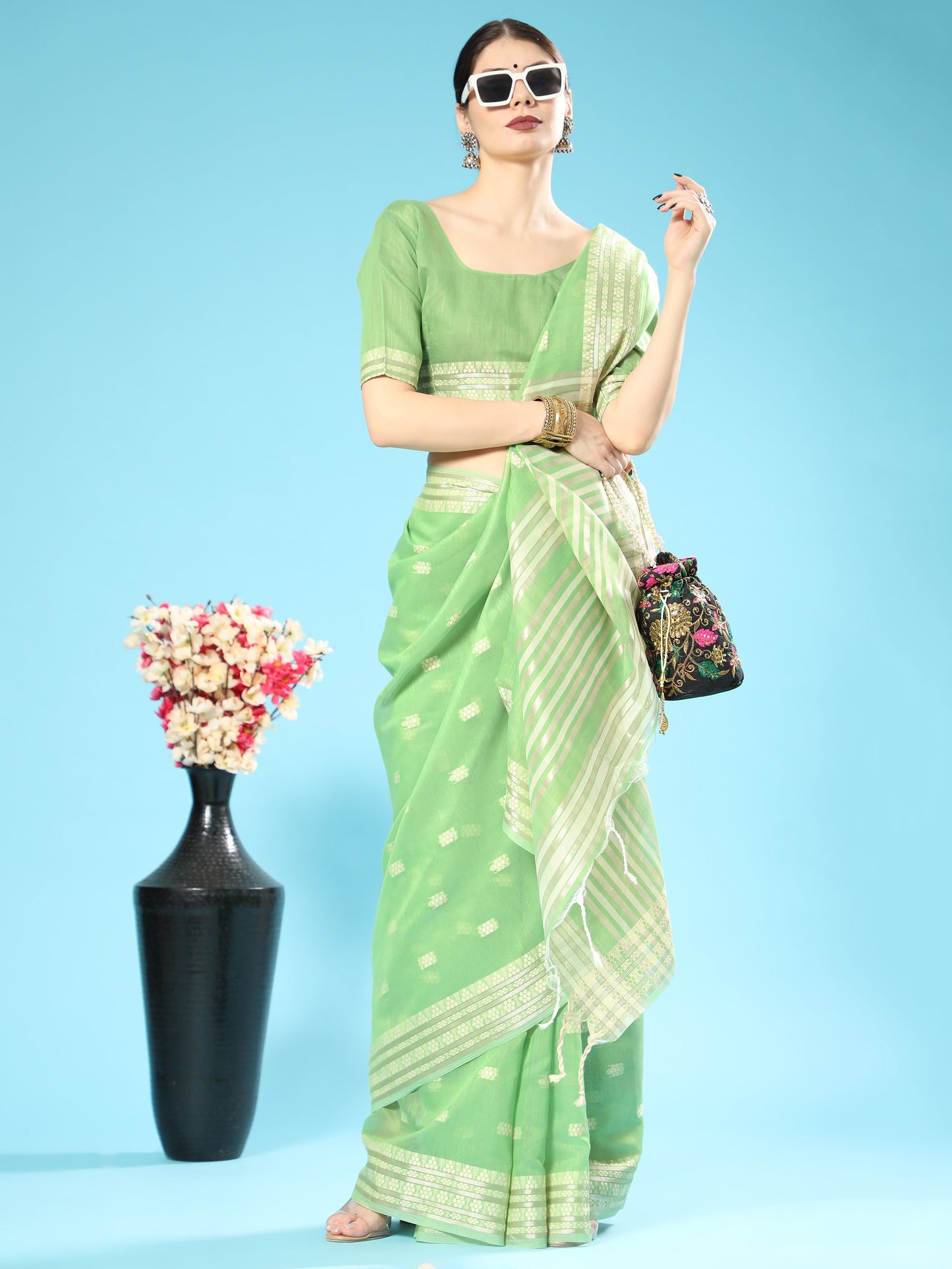 Vishnu Weaves Women's Pista Lucknowi Cotton Chikankari Woven Saree with Blouse - Swadesiicart