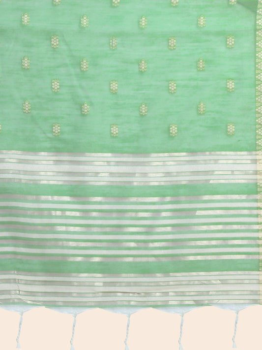 Vishnu Weaves Women's Pista Lucknowi Cotton Chikankari Woven Saree with Blouse - Swadesiicart