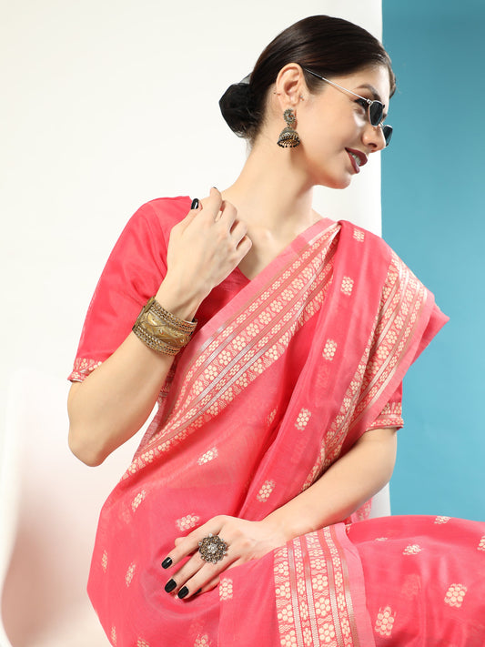 Vishnu Weaves Women's Red Lucknowi Cotton Chikankari Woven Saree with Blouse - Swadesiicart