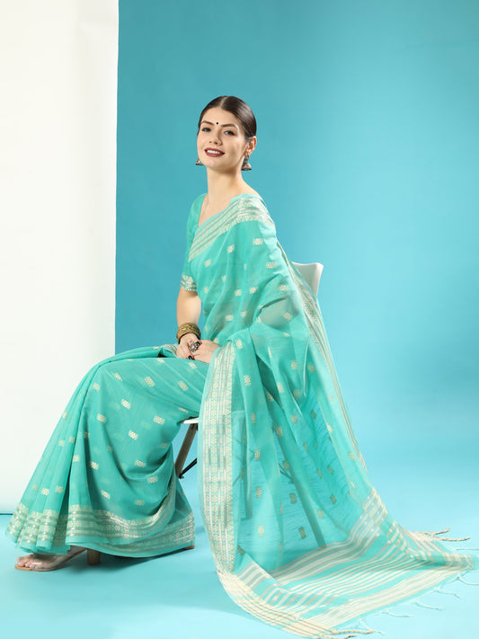 Vishnu Weaves Women's Sea Green Lucknowi Cotton Chikankari Woven Saree with Blouse - Swadesiicart