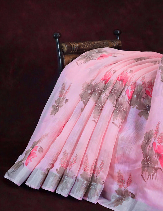Vibrant Combination Of Baby Pink With Floral Design Semi Chanderi Saree By Gayathri Reddy Designer Studio | Swadesiicart