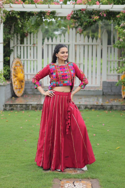 Lorenvalley Fashion Maroon Roman Silk with Attractive Gota-Patti Lace Lehenga Choli | Swadesiicart