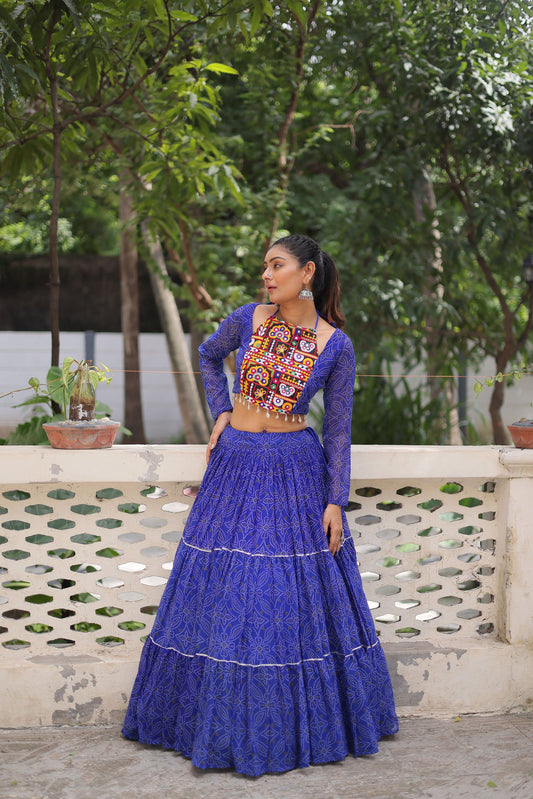 Lorenvalley Fashion Blue Faux Georgette Bandhej Print with Gotta Patti Lace Work Lehenga Choli